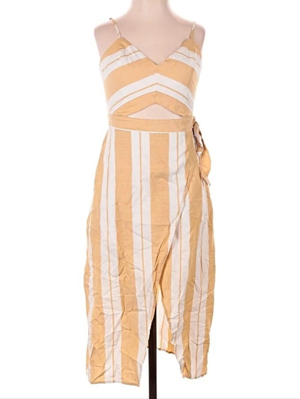 Express Mustard Yellow and White Striped Midi Wrap Dress